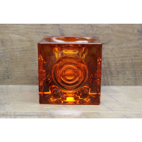 VIKING GLASS Bull’s Eye Candle Holder Orange‎ Persimmon Glimmer MCM Decor - Picture 3 of 12